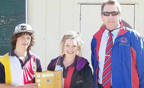 Warwick High School junior athletics team captains Ryan Grady and Denby Watt with the aggregate shield, presented by Allora State School principal Shaun Kanowski. Warwick High School junior athletics team captains Ryan Grady and Denby Watt with the aggregate shield, presented by Allora State School principal Shaun Kanowski.